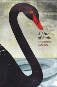 A striking black swan with a red beak and the words 'A Line of Sight' by Adrienne Jansen