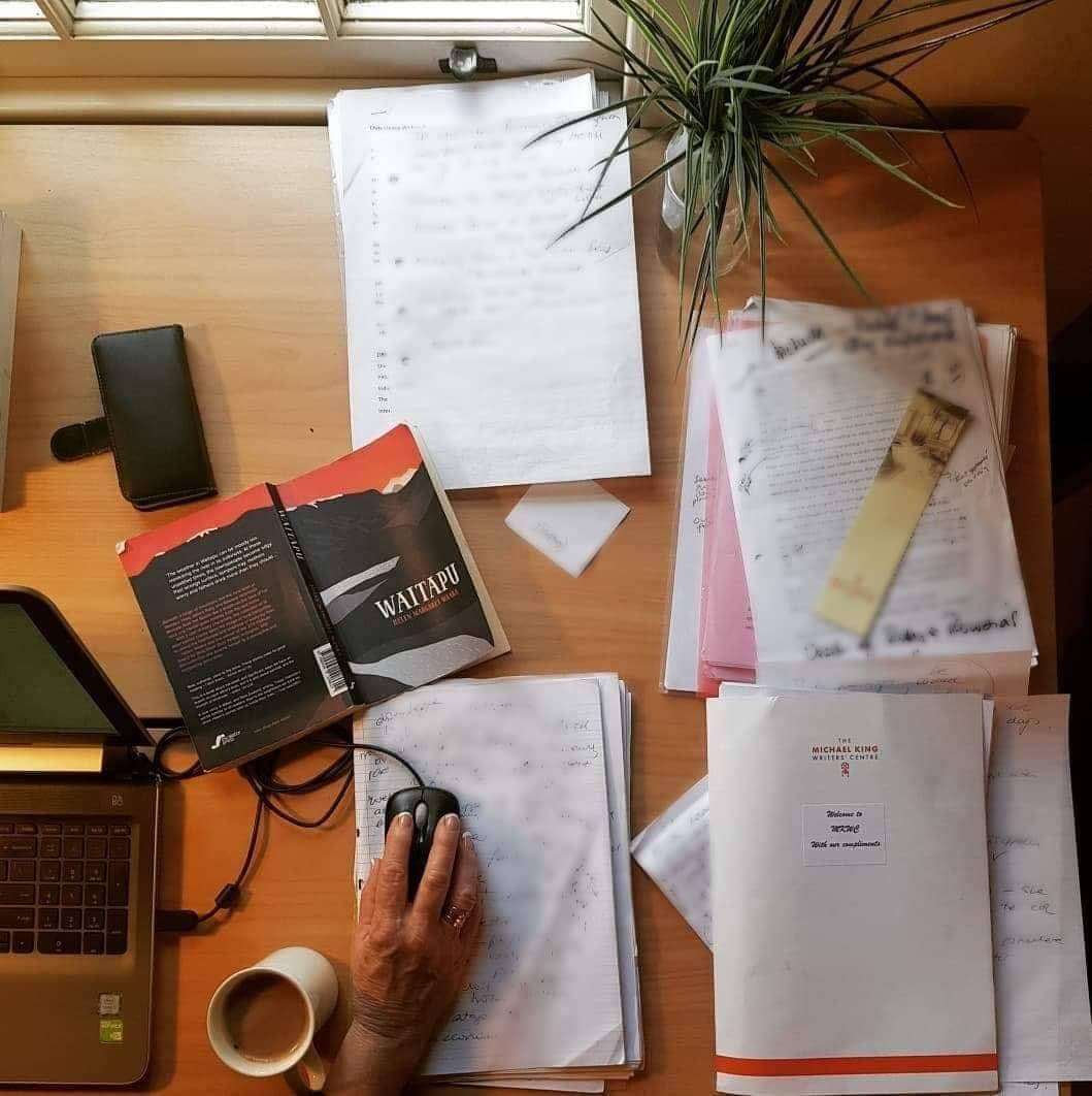 Helen Waaka's desk at the Michael King Writer’s centre